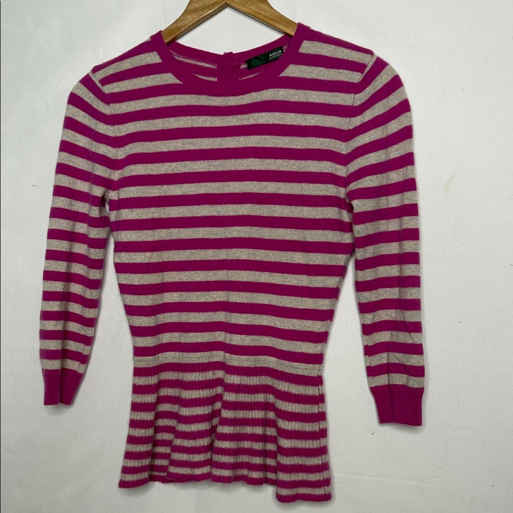 Aqua Cashmere 100% cashmere pink & cream striped long sleeve peplum sweater S